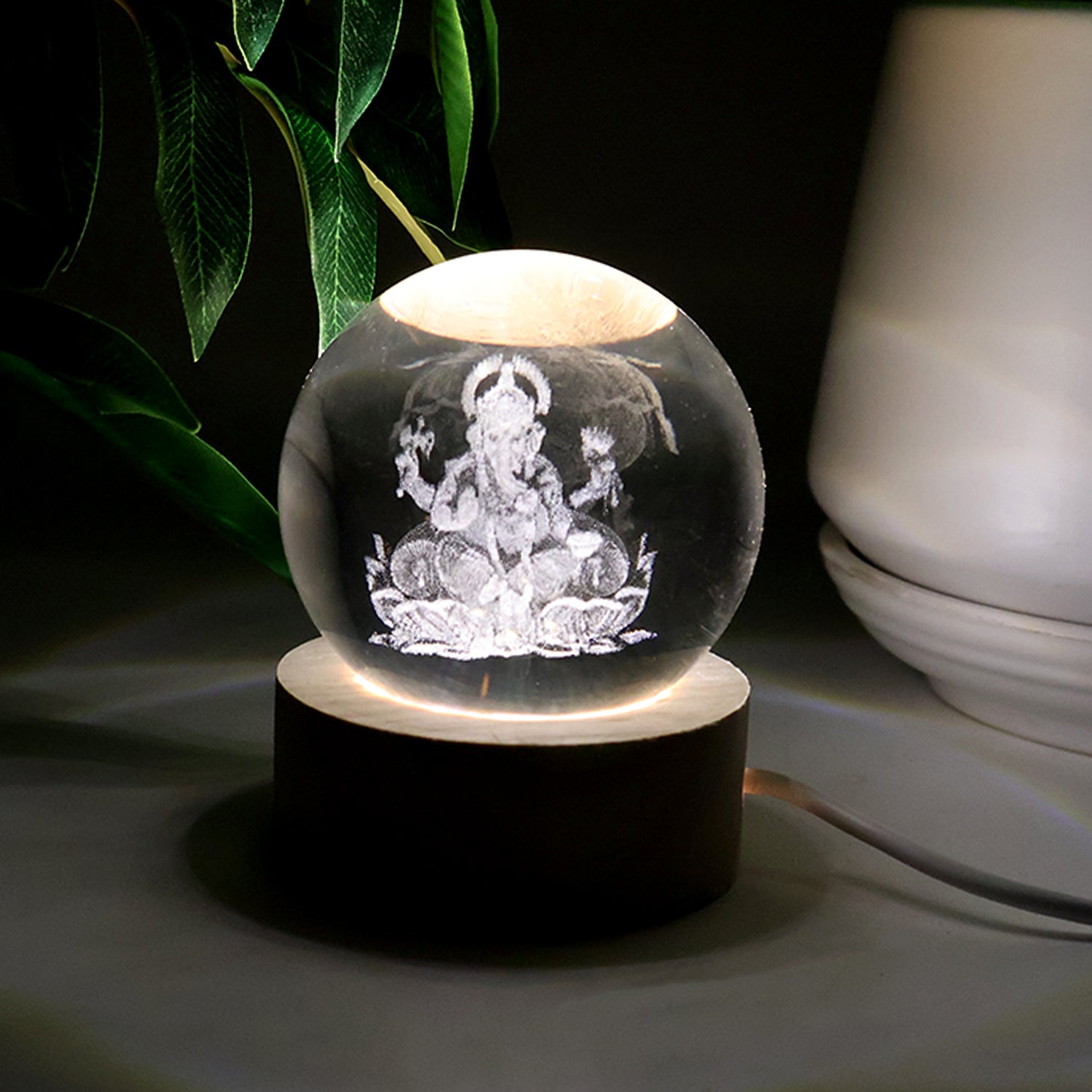 Ganpati 3d Crystal Ball Lamps With Wood Base
