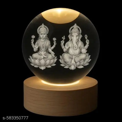 Ultra Luxurious and Elegant Engraved Lakshmi and Ganesha 3D Crystal Ball Light – Spiritual LED Lamp for Mandir, Living Room & Festivals