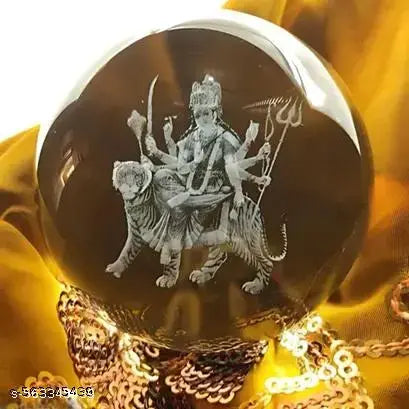 HH 3D Crystal Ball Night Light with Wooden Base (Sherawali MATA) Decorative Showpiece - 10 cm  (Crystal, Yellow Warm Light)
