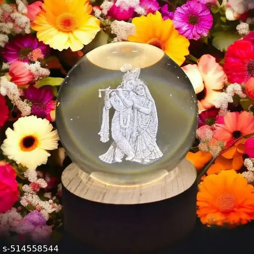Divine Glow Radha Krishna LED Crystal Ball with Wooden Stand