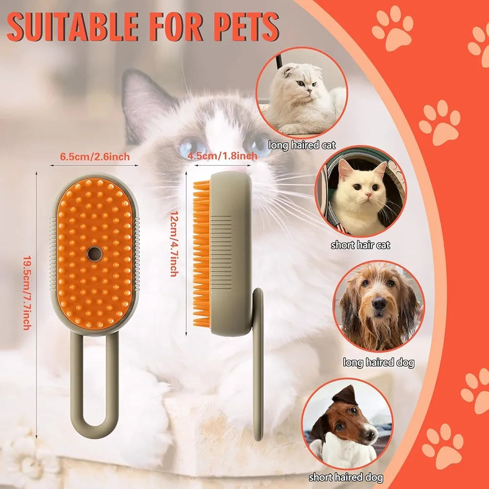 3-in-1 Steamy Pet Cat Brush | Steam Hair Remover, Grooming & Cleaning Brush | Gentle Vapor Pet Brush for Cats & Dogs