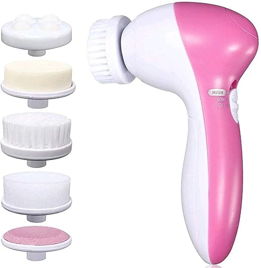 5-in-1 Facial & Body Massager | Electric Smoothing Skin Care Tool with 5 Interchangeable Heads for Face Cleansing & Relaxation (Pink)