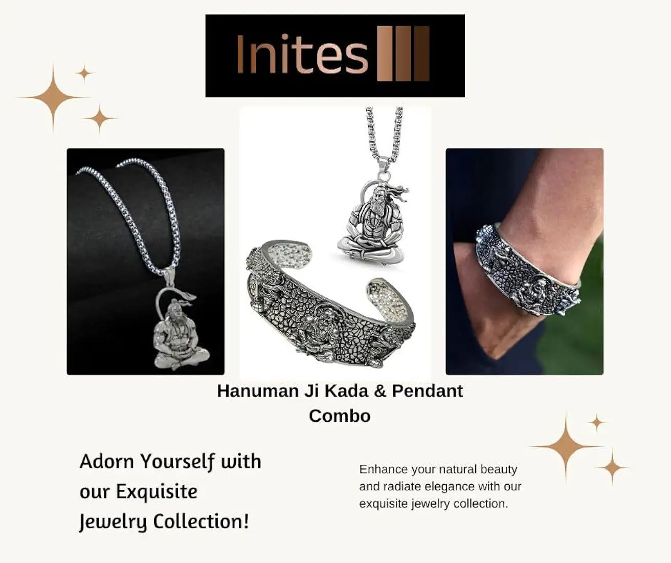 Hanuman Kada with 5-Mukhi Design & 5-Munjai Hanuman Pendant with Chain | Spiritual Kada & Pendant Set for Men | Religious Jewellery Gift