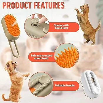 3-in-1 Steamy Pet Cat Brush | Steam Hair Remover, Grooming & Cleaning Brush | Gentle Vapor Pet Brush for Cats & Dogs
