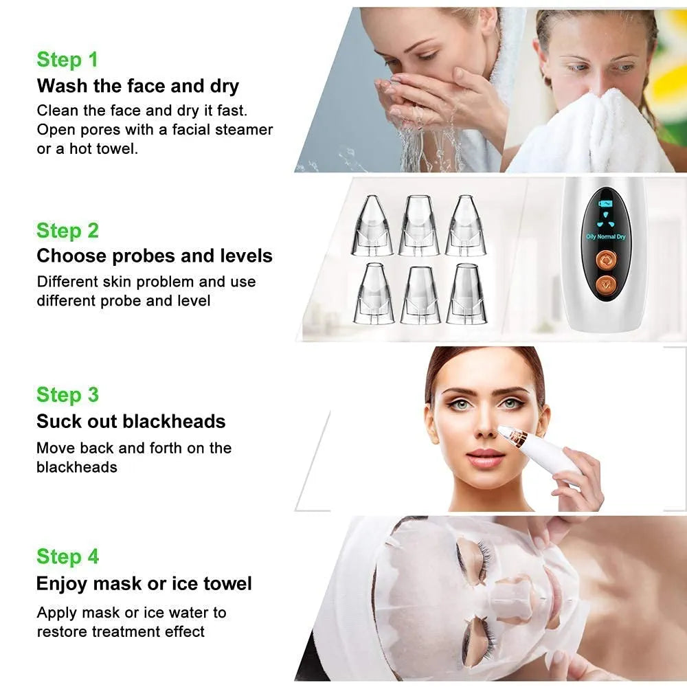 Electric Blackhead Remover | Pore Vacuum Suction Device for Face & Nose | Rechargeable Acne & Whitehead Extractor with 5 Probes