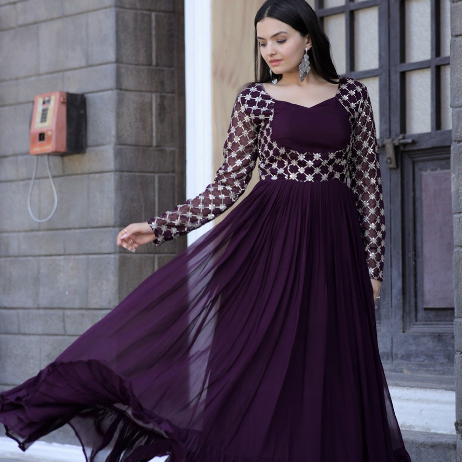 Purple Faux Blooming Stylish Long Women's Gown
