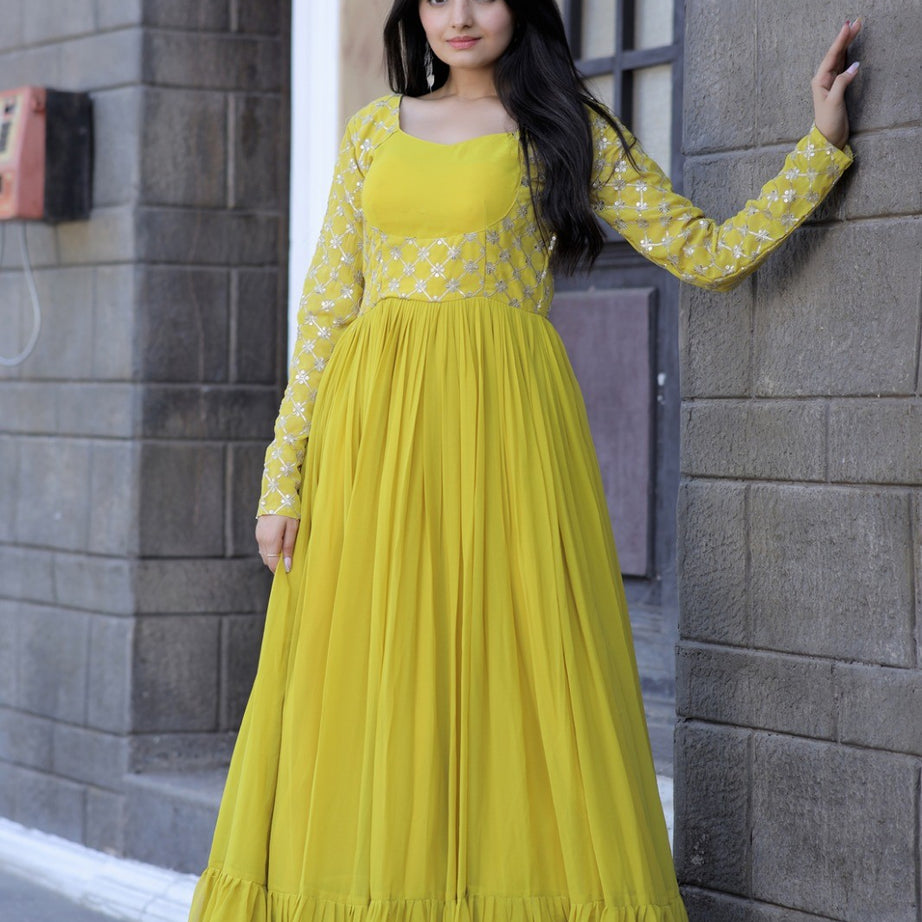 Yellow Faux Blooming Stylish Long Women's Gown