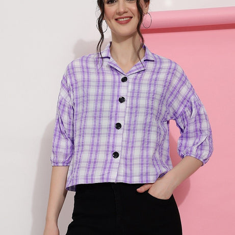Lavender Purple Checks Casual Wear Women Shirt