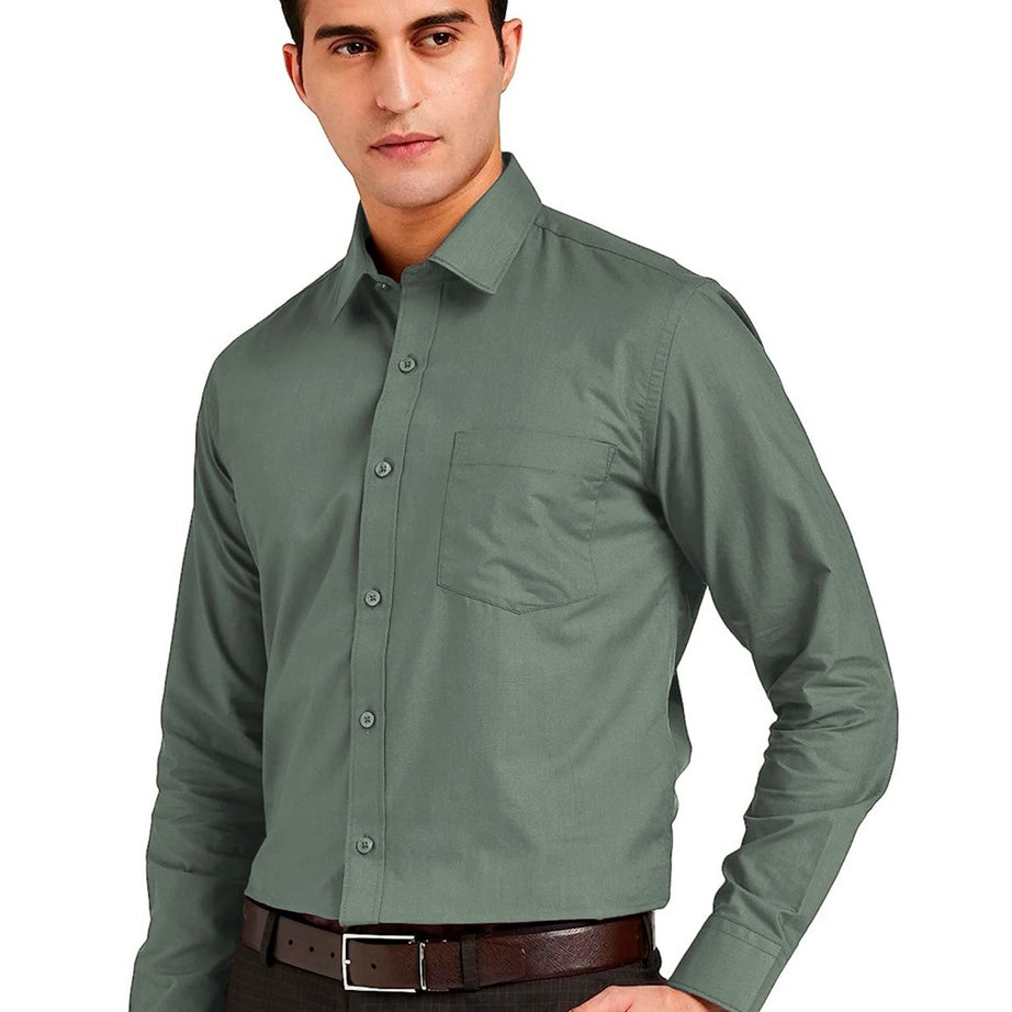 Men Regular Fit Solid Button Down Hunter Green Satin Formal Shirt