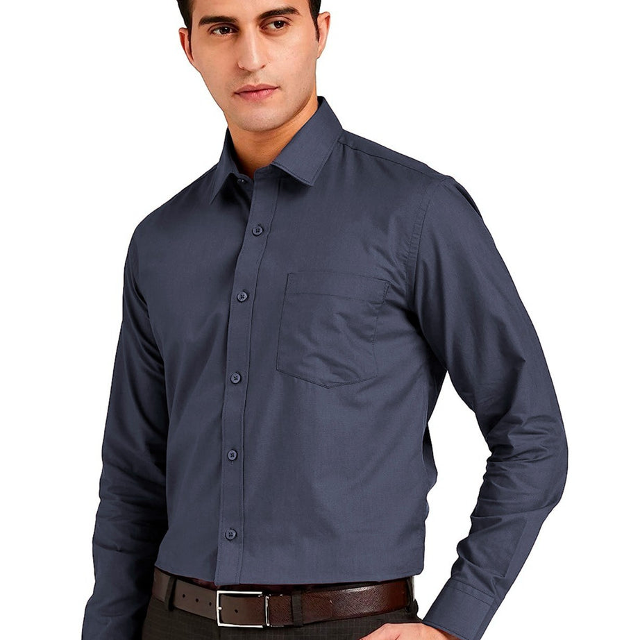 Men Regular Fit Solid Button Down Navy Blue Satin Formal Shirt