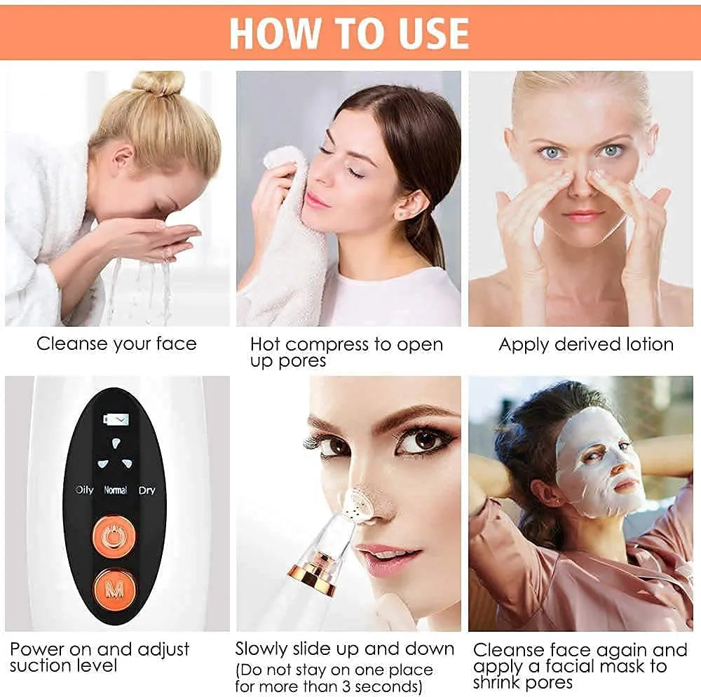 Electric Blackhead Remover | Pore Vacuum Suction Device for Face & Nose | Rechargeable Acne & Whitehead Extractor with 5 Probes