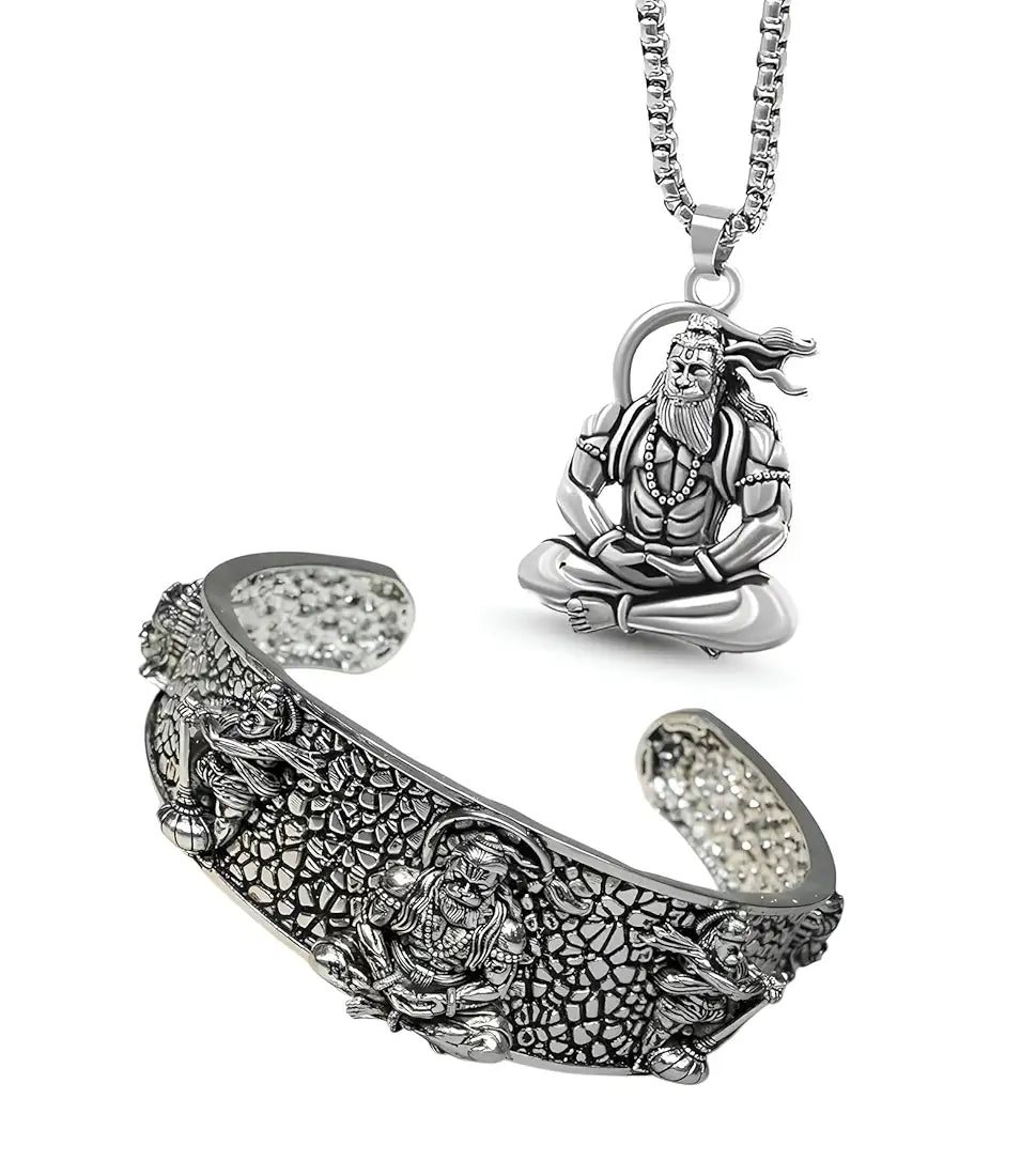 Hanuman Kada with 5-Mukhi Design & 5-Munjai Hanuman Pendant with Chain | Spiritual Kada & Pendant Set for Men | Religious Jewellery Gift