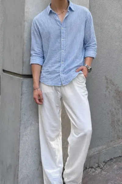 blue Cotton Breathable Solid Spread Collar Casual Shirt Alternate