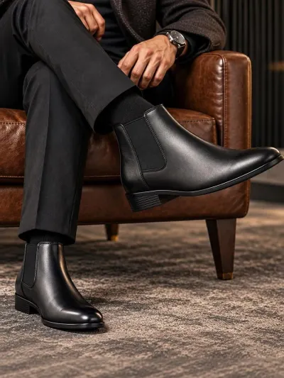 mens pointed black chelsea boots with stretchy elastic side Alternate