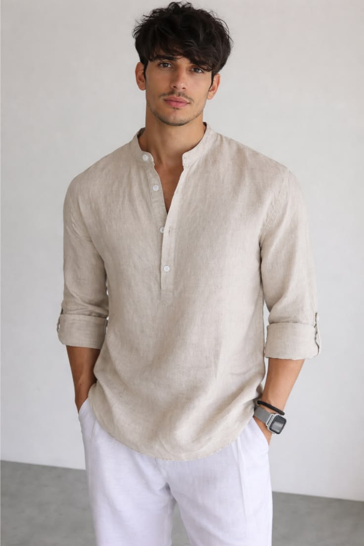 short linen kurta for men with straight pajama angle 4