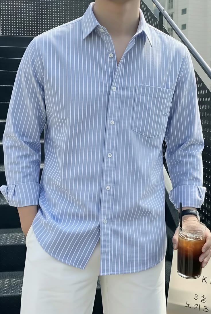 blue Cotton Breathable Solid Spread Collar Casual Shirt angle 3
