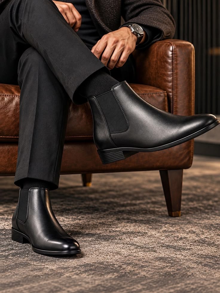mens pointed black chelsea boots with stretchy elastic side angle 2
